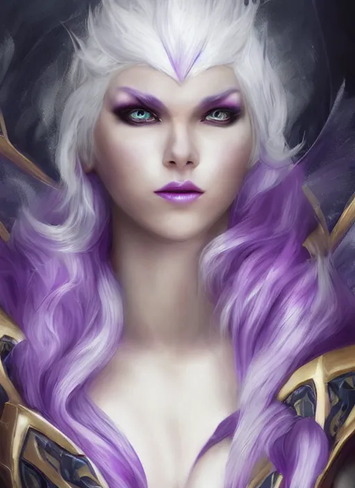 Prompt: syndra, from league of legends, white hair, purple magic, hyper detailed, digital art, au naturel, with abs, trending in artstation, cinematic lighting, studio quality, smooth render, unreal engine 5 rendered, octane rendered, art style by klimt and nixeu and ian sprigger and wlop and krenz cushart