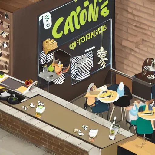 Image similar to cute and funny cartoon of australian cafe teaching customers how to smoke cannabis for the first time, axonometric render by pixar