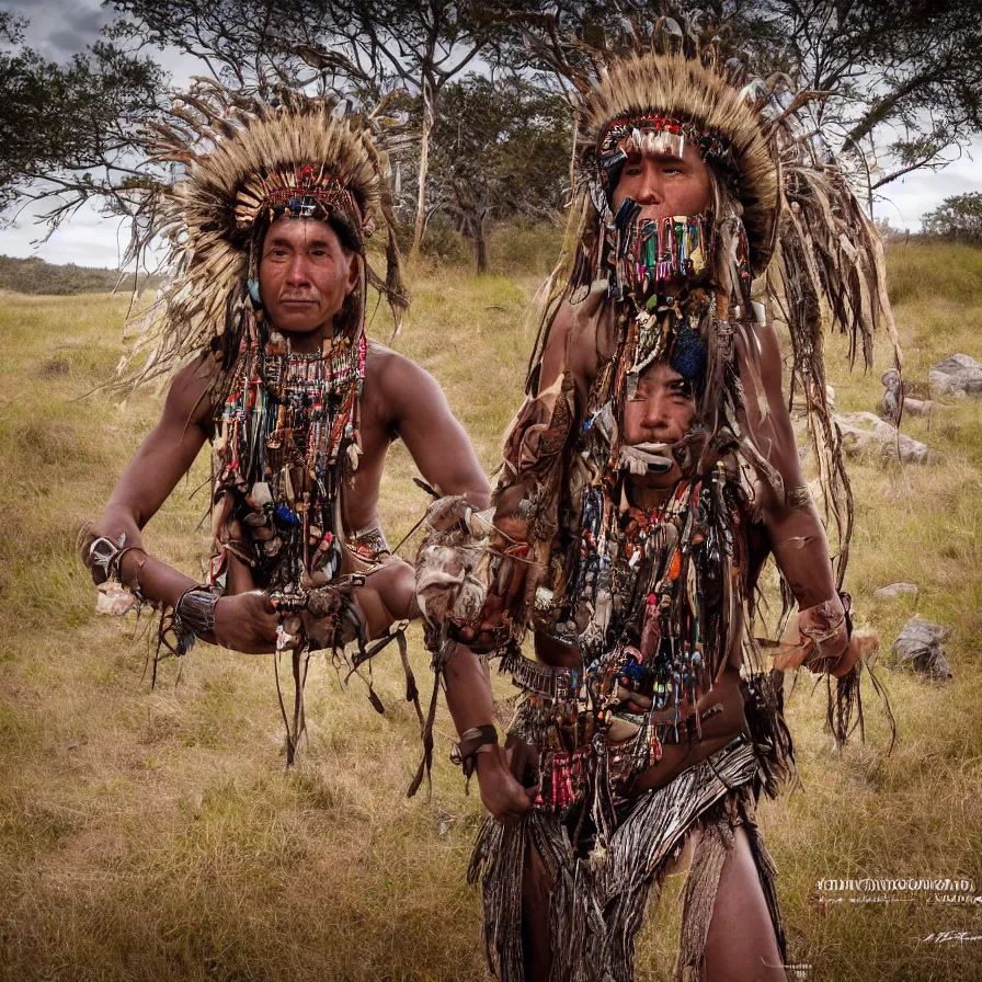 Image similar to extremely detailed award winning national geographic full body portrait photography from ancient tribal shaman multiple from different cultures all over the world. 64megapixel. Realistic render. Landscape background what is slightly blurry and windy.