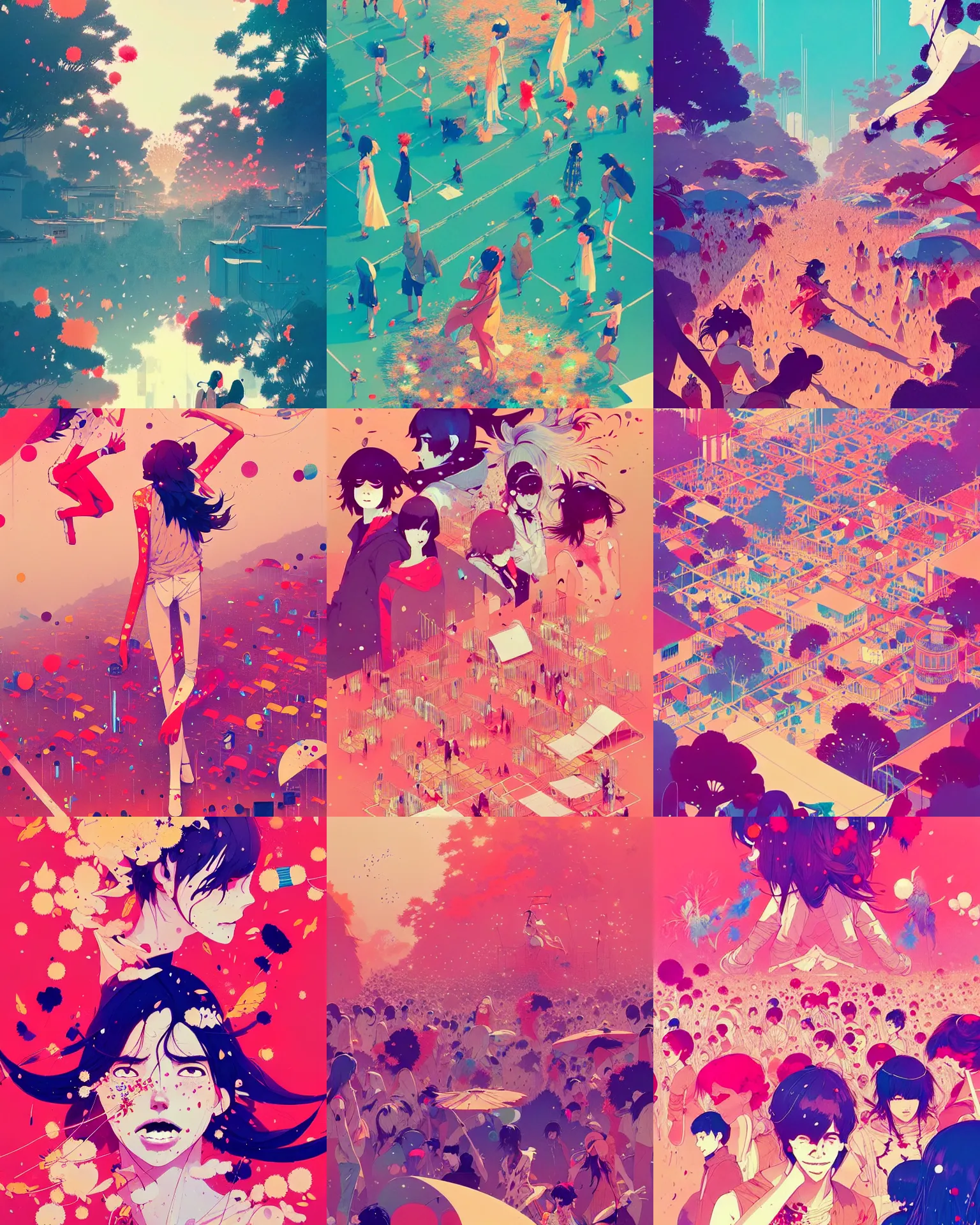 Prompt: captivating, memorable, a ultradetailed beautiful photo of a unique festival layout, joyous, wide, by conrad roset, greg rutkowski and makoto shinkai trending on artstation