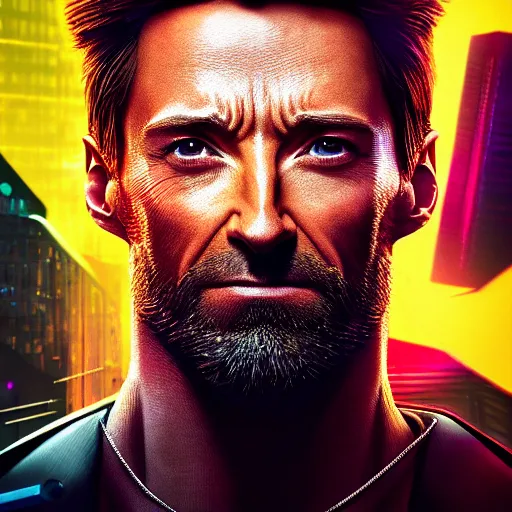 Image similar to hugh jackman portrait, cyberpunk 2 0 7 7, photorealistic, ultra detailed, neon, octane rendered, bokeh, cinematic lighting, cyber, cyberpunk city, studio quality, feature, scars, cyberface, 8 k