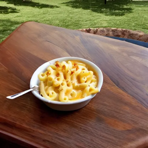 Prompt: a mac n' cheese dream. flowing with cheese. gorgeous vista.