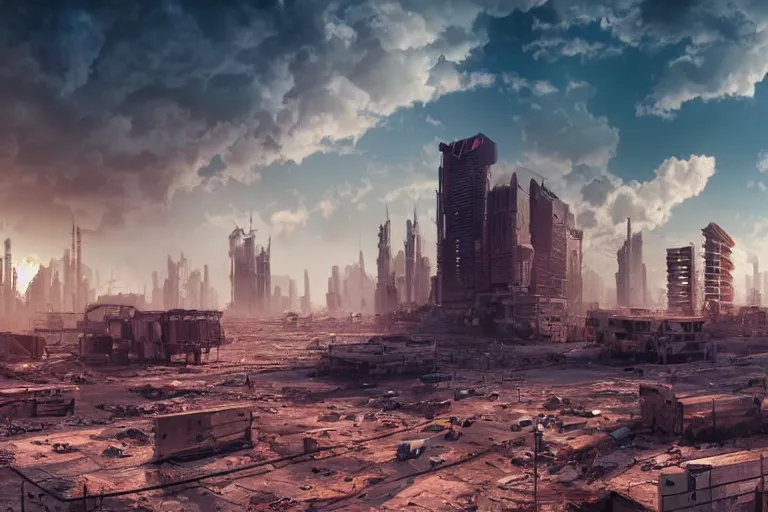 Prompt: a matte painting of an abandoned cyberpunk city in the middle of the desert, windy, clouds, ray of sunlight, beeple, ultra wide angle, light effect