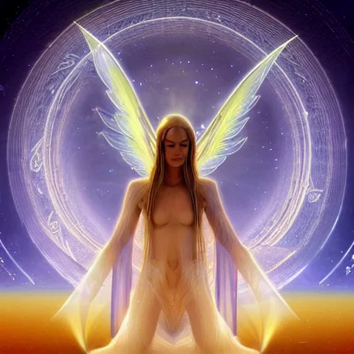 Prompt: elven angel meditating in space, halo, light shafts, wisps, sandstorm, light diffusion, godly, ascending, by moebius, digital art, beautiful, sacred, holy, surreal, fantasy art, oasis, by durer, durer, fairies, surreal alien kingdom, ancient civilization, alien language, space civlization, dmt entity, machine elf, machine elves