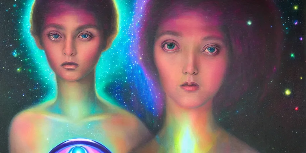 Image similar to patron saint of 🛸🌈👩🏾, futuristic iridescent clothing, wormhole, nebula, black hole, multiverse, neon god of city character portrait, in the style of margaret keane, moebius, tom bagshaw, and waterhouse, cinematic lighting, beautiful, elegant, oil painting,