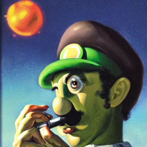 Image similar to Luigi smoking joint, artwork by Earl Norem,