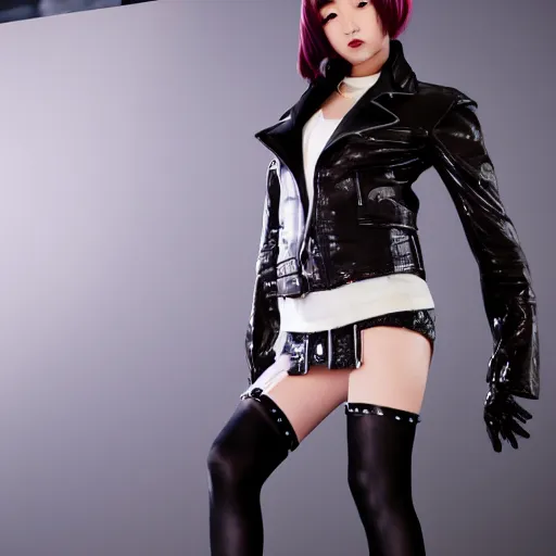 Prompt: a dynamic, epic cinematic 8K HD movie shot of a japanese beautiful cute young J-Pop idol actress yakuza rock star girl wearing leather jacket, miniskirt, nylon tights, high heels boots, gloves and jewelry. Motion, VFX, Inspirational arthouse, at Behance