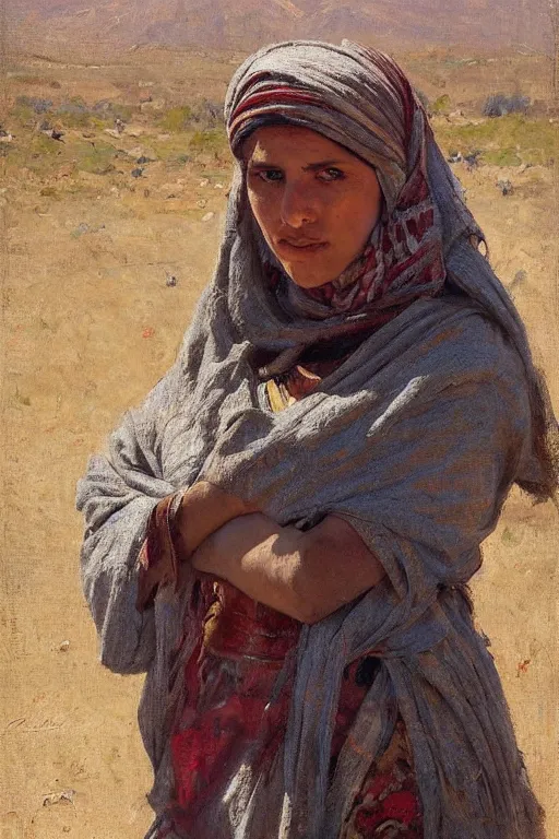 Prompt: Richard Schmid and Jeremy Lipking and Antonio Rotta full length portrait painting of a young beautiful traditonal berber woman from north africa