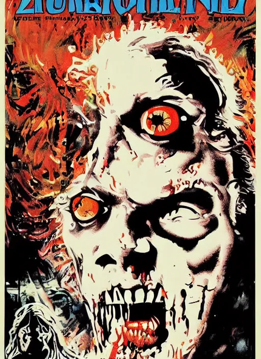 Prompt: a poster of lucio fulci's zombie ( 1 9 7 9 ), poster art by john carpenter, featured on deviantart, toyism, movie poster, concert poster, poster art, highly detailed