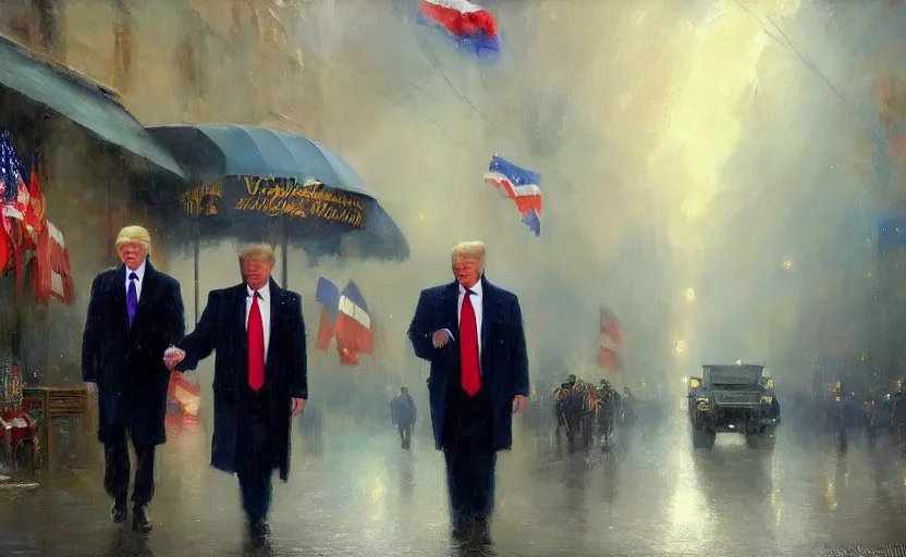 Prompt: donald trump secretly selling highly classified nuclear documents to russian president vladimir putin in a dimly lit raining city alley by wlop and vladimir volegov and alexander averin and delphin enjolras