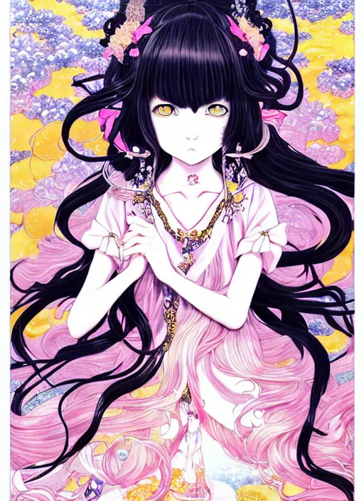 Image similar to exquisite imaginative manga poster of a girl, cats, long wavy hair, rococo dress, shimmering, by kojima ayami, shigenori soejima, minaba hideo,, jump comics, shogakukan, art nouveau, illustration, artstation, highly detailed, 8 k, fluorescent, maximalist