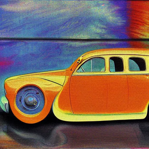 Image similar to impressionist surreal distorted painting of a car from the 4 0 s