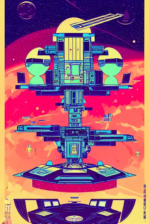 Prompt: drawing of an 8 0 s art deco international space station filled with electronic equipment, japanese gundam mech, robots, led screens, droids, a detailed comic panel by kilian eng, moebius, featured on deviantart, psychedelic art, psychedelic, dmt