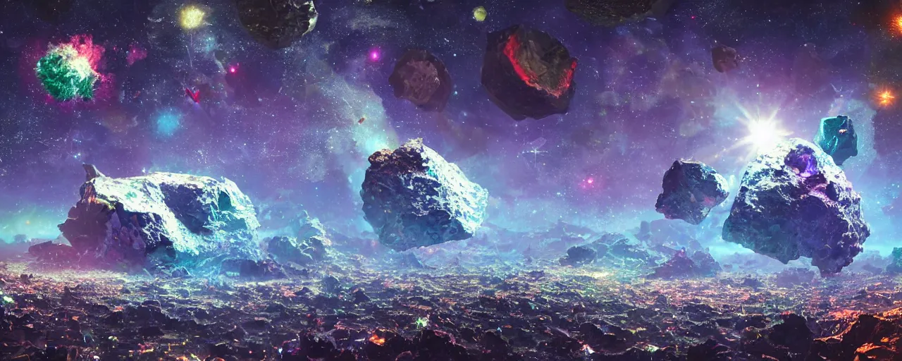 Prompt: asteroid made of shiny diamonds and crystals, [ shards, facets, by paul lehr, cinematic, detailed, epic, widescreen, opening, establishing, mattepainting, photorealistic, realistic textures, octane render ]