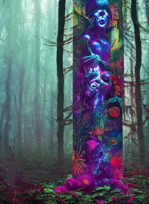 Image similar to a psychedelic surreal horror totem made of trees and multicolor flowers, magic creatures in the forest of chaotic spirit, fulcolor octane remder, cinematic, ultrarealistic