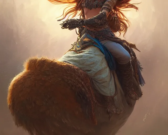 Image similar to woman riding an emu, deep focus,, fantasy, intricate, elegant, highly detailed, digital painting, artstation, concept art, matte, sharp focus, illustration, hearthstone, art by artgerm and greg rutkowski and alphonse mucha