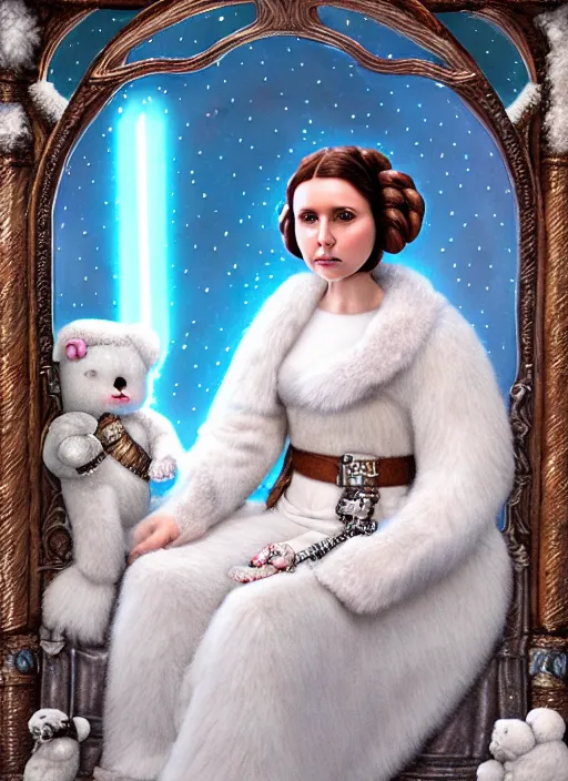 Prompt: highly detailed closeup portrait of a snow, ice princess as princess leia sitting on a throne surrounded by fluffy bears, nicoletta ceccoli, mark ryden, lostfish, earl nore, global illumination, god rays, detailed and intricate environment