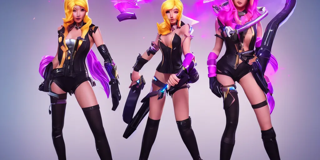 Image similar to character sheet of beautiful KDA More Miss Fortune (wild rift) 3d render octane render k-pop music video game art realistic highly detailed trending on artstation 4k trending on artstation pixar cgsociety unreal engine 5 redshift render trending on artstation blender behance cg