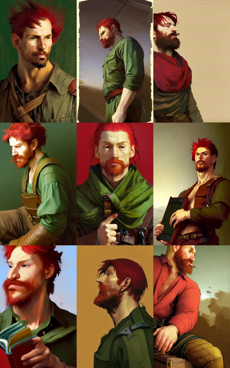 Prompt: Red-haired peasant man from Lilliput sitting on huge book. Brown shirt and pants. Bookcover in green leather and gold details. Bird's eye view. Subject looking up. Style digital painting, concept art, smooth, sharp focus, illustration, from Metal Gear, by Ruan Jia and Mandy Jurgens and William-Adolphe Bouguereau, Artgerm
