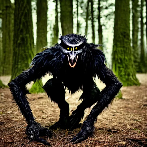 Image similar to werecreature consisting of a human and crow, photograph captured in a forest