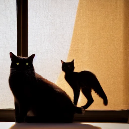 Prompt: black cat and tabby cat in a sunlit window