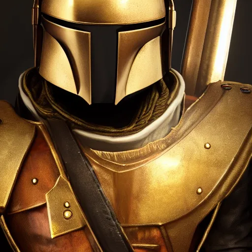 Image similar to a highly detailed knight in a mandalorian golden helmet and crown with a diamond in the center, golden armor, leather clothes under the armor, leather gloves, holds a black sword, artstation, DeviantArt, professional, octane render, sunset lighting