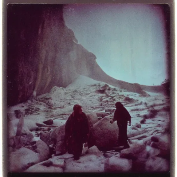 Prompt: polaroid ice age Neanderthal shots by Tarkovsky