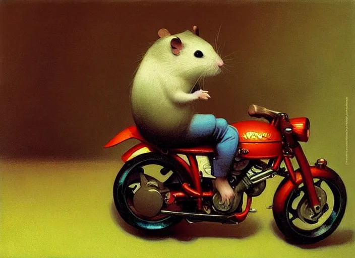 Prompt: a cute hamster riding a motorcycle, Edward Hopper and James Gilleard, Zdzislaw Beksinski, Mark Ryden, Wolfgang Lettl highly detailed