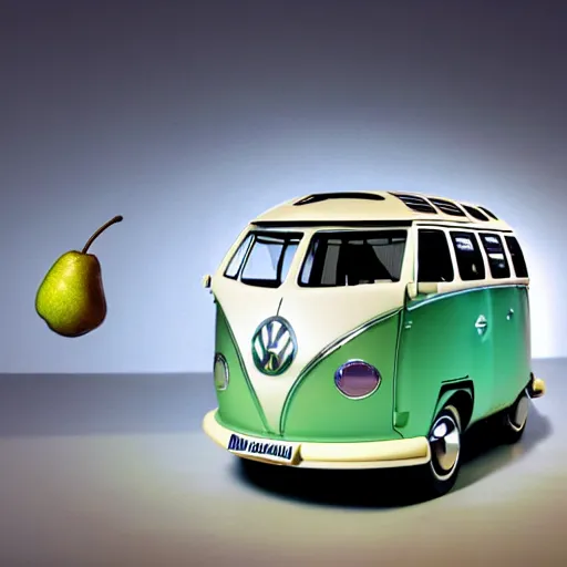 Image similar to a volkswagen type - 2 microbus as a pear on a trampoline, close - up of face, distorted