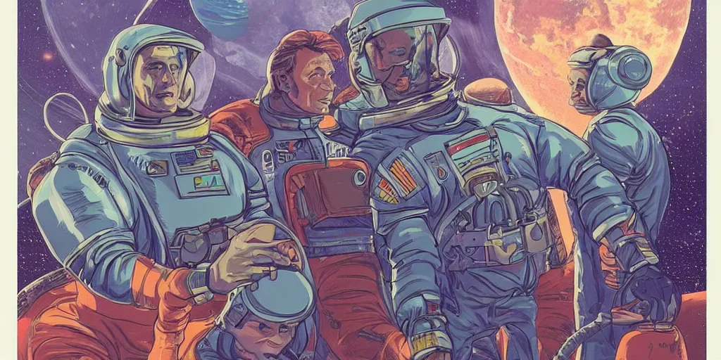 Prompt: a portrait of stallone and van damm and monroe pilots in spacesuit on field forrest spaceship station landing laying lake artillery outer worlds in FANTASTIC PLANET La planète sauvage animation by René Laloux