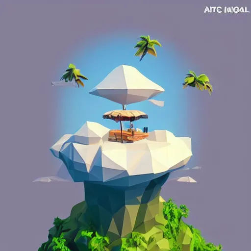 Prompt: a floating island on an ocean isometric art, low poly art, game art, artstation, 3D render, high detail, cgsociety, unreal engine 5