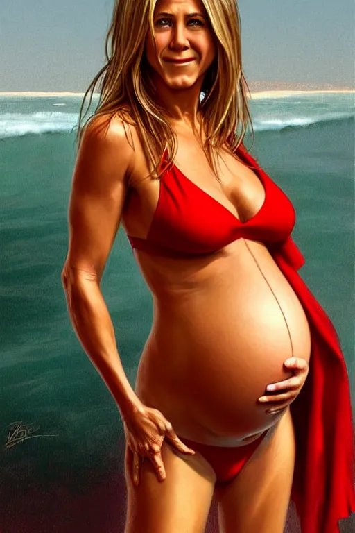 Image similar to pregnant jennifer aniston in a red bikini, realistic portrait, symmetrical, highly detailed, digital painting, artstation, concept art, smooth, sharp focus, illustration, cinematic lighting, art by artgerm and greg rutkowski and alphonse mucha