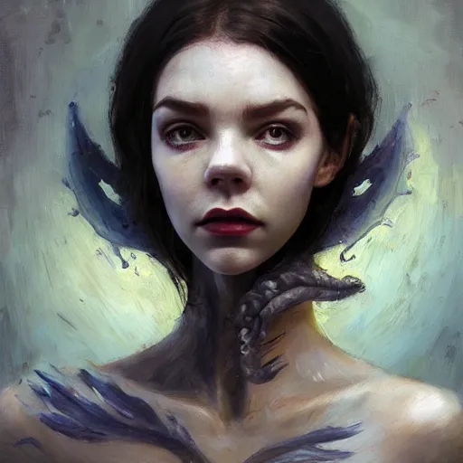 Prompt: expressive oil painting, alien dark fae woman based on jennifer connelly mixed with anya taylor - joy, screaming rage, bumpy mottled skin, big black feathered wings instead of arms, body horror, by yoshitaka amano, by greg rutkowski, by jeremy lipkinng, by artgerm, digital art, octane render