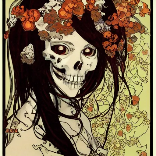 Prompt: anime manga skull portrait girl female skeleton illustration detailed patterns art Geof Darrow and Phil hale and Ashley wood and Ilya repin alphonse mucha pop art nouveau