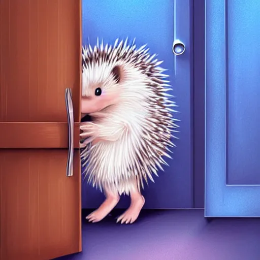 Image similar to cute adorable hedgehog opening the door, waving, smiling, cute, hedgehog, by cyril rolando