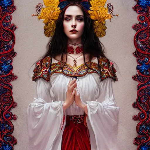 Prompt: beautiful brunette lady in white embroidered shirt, national costume of venezuela, filigree crown with red, blue and yellow textile orchid flowers, intricate, elegant, digital painting, art nouveau, soft, soft, focus, edge light, charlie bowater, tom bagshaw, greg rutkowski