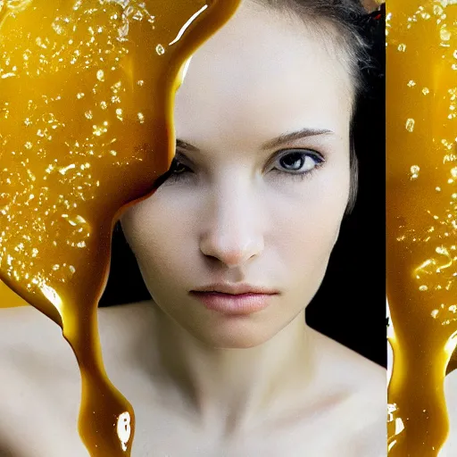 Prompt: beautiful render female made from honey, light through her body