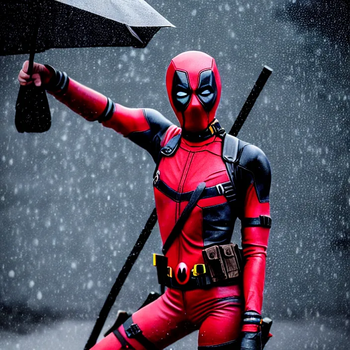 Prompt: fully body pose, photo of a very beautiful!! victoria secret model, female deadpool, wet hair, raining, 8 k, hdr, smooth, sharp focus, high resolution, award - winning photo, trending on artstation, dslr, 5 0 mm