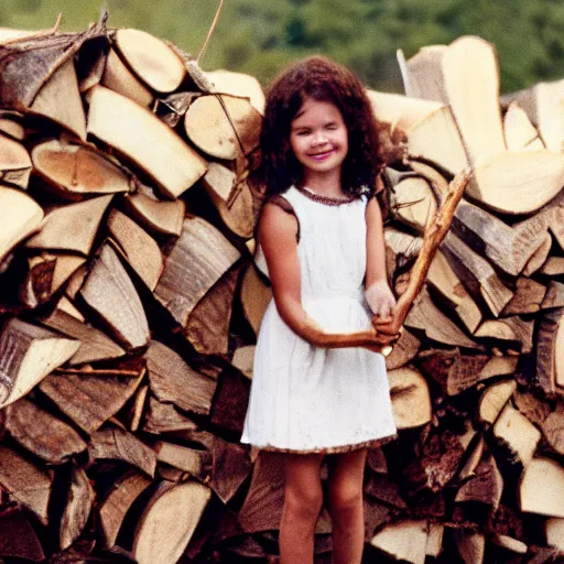 Prompt: a young girl with short brown hair wearing a white dress and holding a bundle of firewood, high resolution film still