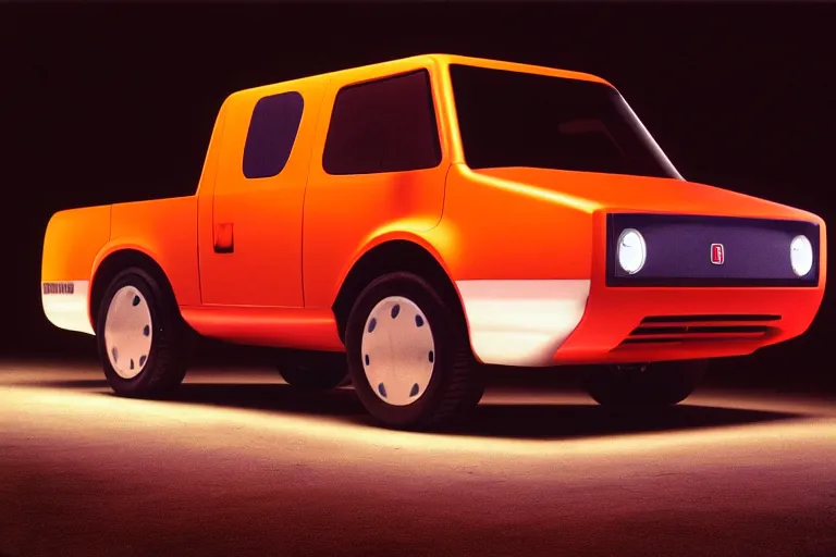 Image similar to designed by giorgetto giugiaro stylized poser of a single 1 9 9 8 honda kei truck, thick neon lights, ektachrome photograph, volumetric lighting, f 8 aperture, cinematic eastman 5 3 8 4 film