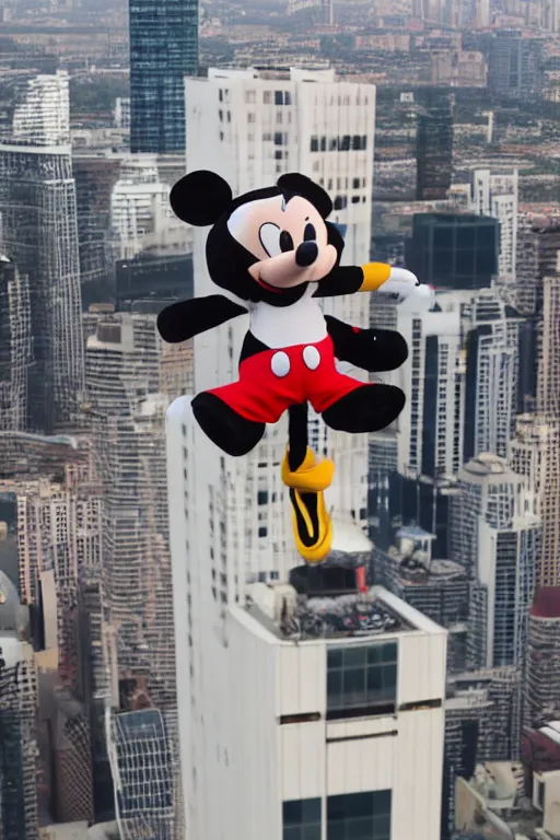 Prompt: plush mickey mouse flying along the skyscraper, super realistic, extremely high detail, cinematic 8k