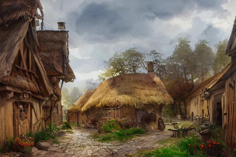 Prompt: watercolor painting of rural rustic fortess village street, medieval straw roof, scandinavian mythology, ambient lighting, art by hans dahl, by jesper ejsing, art by anders zorn, wonderful masterpiece by greg rutkowski, cinematic light, american romanticism by greg manchess, creation by tyler edlin