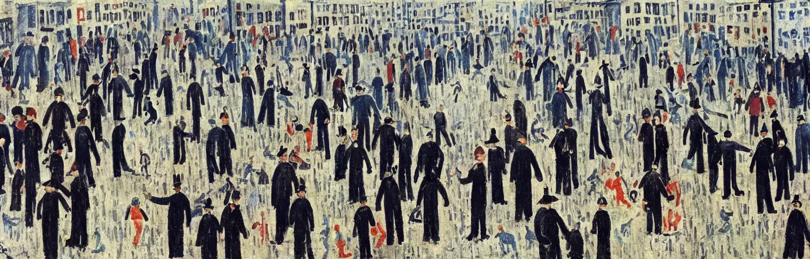 Prompt: a beautiful painting by l s lowry except all the miners are batman