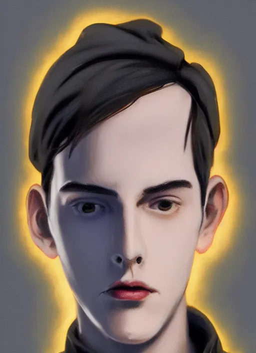 Image similar to portrait of teenage jughead jones wearing a light grey crown, crown, blue turtleneck, 1 9 5 0 s, closed eyes, photorealistic, black hair, glowing lighting, intricate, elegant, glowing lights, highly detailed, digital painting, artstation, concept art, smooth, sharp focus, illustration, art by wlop, mars ravelo and greg rutkowski