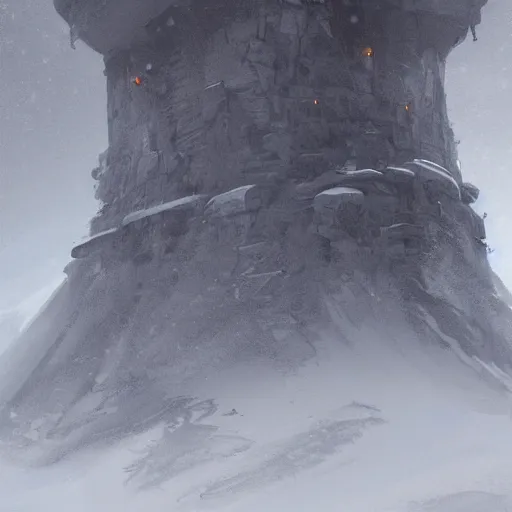 Prompt: an architectural concept of a fantasy tower in the top of a mountain, during winter with snow, trending on artstation, byeytan zana, environmental concept art & design, digital 2 d