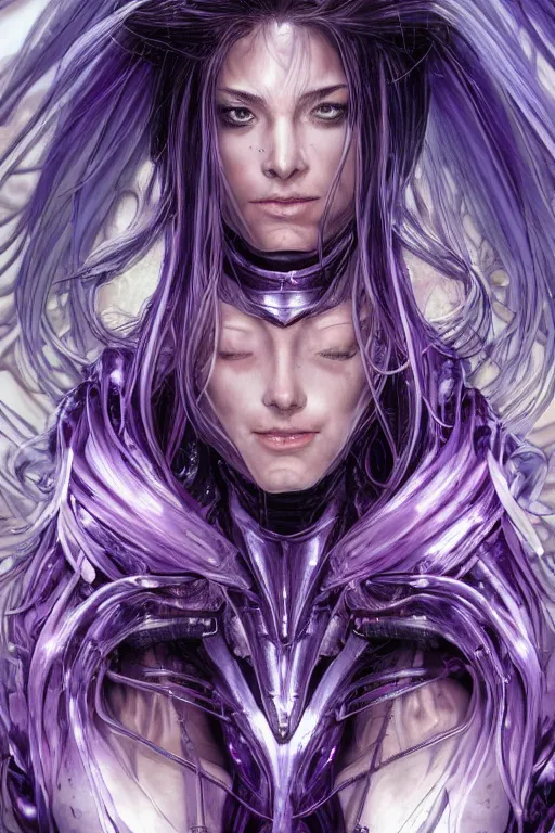 Prompt: extreme close up facial portrait, pale woman with flowing purple hair in sci - fi armor, bionic armor, stoic, powerful, by artgerm and yoshitaka amano and moebius and alphonse mucha, hyperdetailed, dc comics, ornate, nebula, detailed, yoji shinkawa, trending on artstation