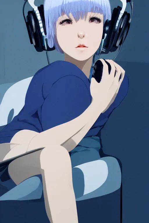 Image similar to a cute young woman sitting on a couch while listening to music with her eyes closed and wearing cat ear headphones by Ilya Kuvshinov and Range Murata, white bob cut hair, blue filter, blue and white, soft lighting, atmospheric, cinematic, moody, digital painting, 8k