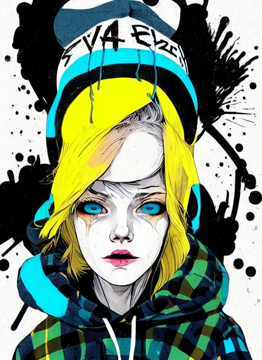 Image similar to highly detailed portrait of a sewer punk lady student, blue eyes, tartan hoody, hat, white hair by atey ghailan, by greg tocchini, by kaethe butcher, gradient yellow, black, brown and cyan color scheme, grunge aesthetic!!! ( ( graffiti tag wall flat colour background ) )