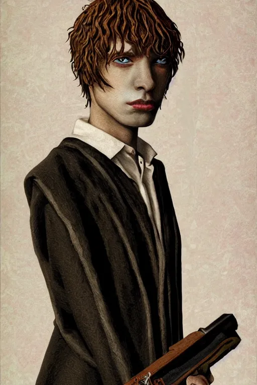 Prompt: portrait of beautiful young gothic man, warhammer, the middle ages, highly detailed, artstation, illustration, art by rene magritte