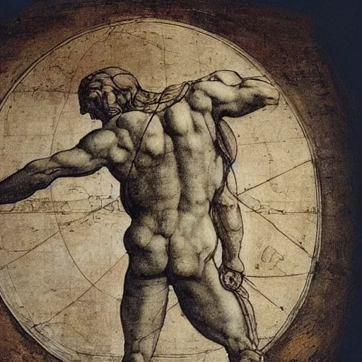 Image similar to atlas holding the world in his back painted by leonardo da vinci